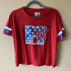 MTV Logo Ladies Baby T-Shirt Size XXL 90s Red‎ And White And Blue Crop Top